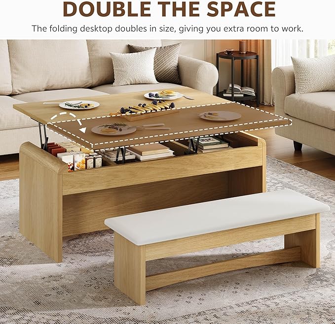 Coffee Table Lift Top, 40'' Multi-Function Coffee Table Set with Bench & Hidden Compartment, Center Table w/Curved Corner, Converts to Home Office Table, Dining Table for Living Room, Natural