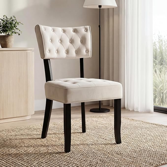 UVV Upholstered Dining Chairs Set of 2, Mid Century Modern Tufted Kitchen Chairs Dining Room Chairs, Velvet Dinner Chair with Wood Legs for Dining Room Kitchen, Beige-Black Legs