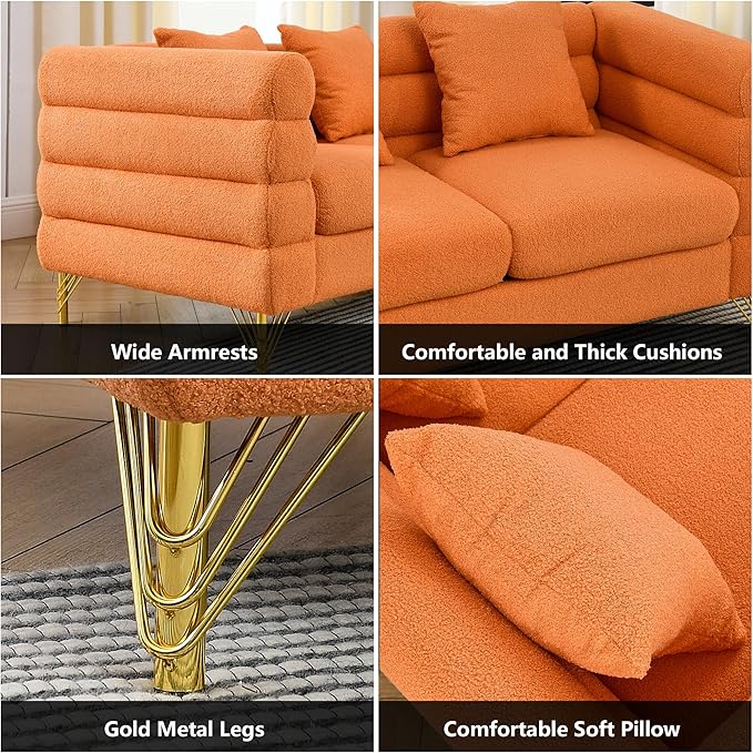 mikibama Modern Teddy Sectional Sofa, 81 Inch Oversized Sofa Couch, Luxury 3 Seater Deep Couch with 3 Pillows and Gold Metal Legs for Living Room, Bedroom, Apartment (Orange)