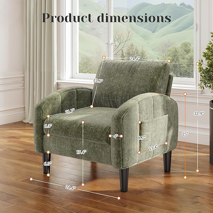 Accent Chair for Living Room,Mid Century Modern Reading Chair for Bedroom,Comfy Armchair with 2 Side Pockets,Upholstered Single Sofa Side Chair for Apartment,Waiting Room,Green