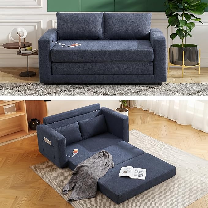 Chorlenimi Convertible Sofa Bed Comfy Linen Sleeper Sofa with Storage Pockets,USB Charging Port,Futon Floor Couch for Living Room,Bedroom,Apartment (Blue, 48 Inches)