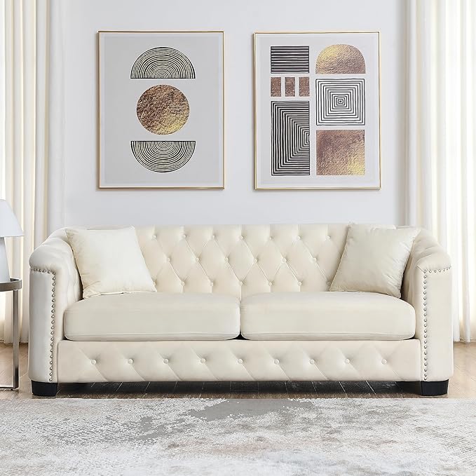 mikibama Modern Chesterfield Velvet Sofa, 77'' Sectional Sofa, Luxury 3 Seater Upholstered Tufted Couch with Nailhead Arms and 2 Pillows for Living Room, Bedroom, Apartment(Beige)