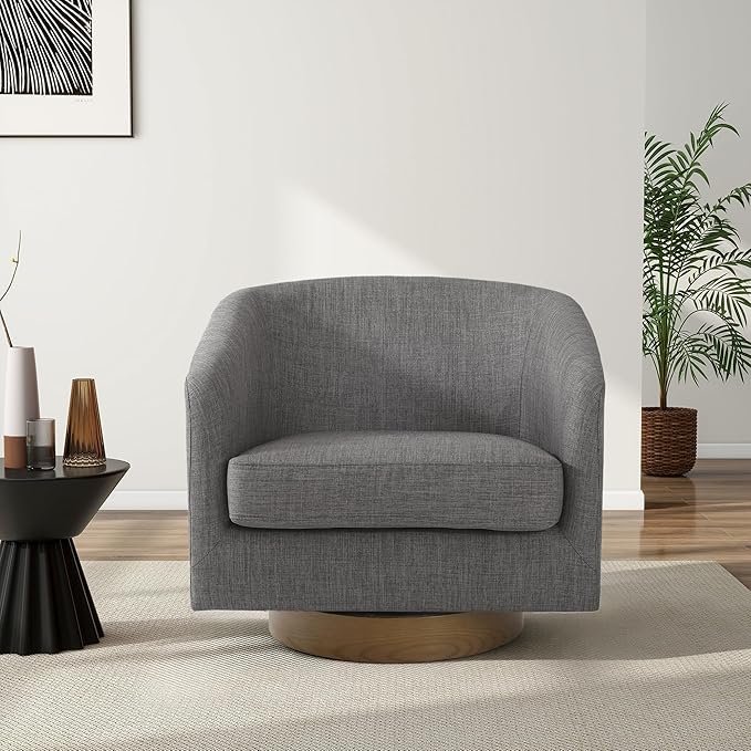 Swivel Barrel Chair, Modern Round PU Leather Accent Armchair for Living Room, Bedroom, Oversized Comfy Club Reading Chairs for Adults (Fabric Grey, Set of 2)