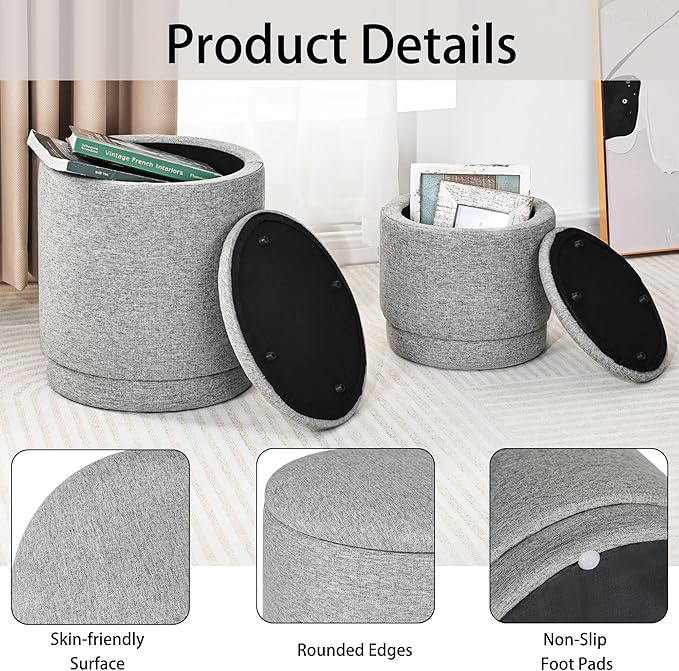 Homebeez Round Storage Ottoman Set of 2, Linen Cotton Fabric Stool with Removable Lid, Multifunctional Foot Rest Pouf for Living Room, Bedroom, Dorm, Supports 300 lbs, Gray