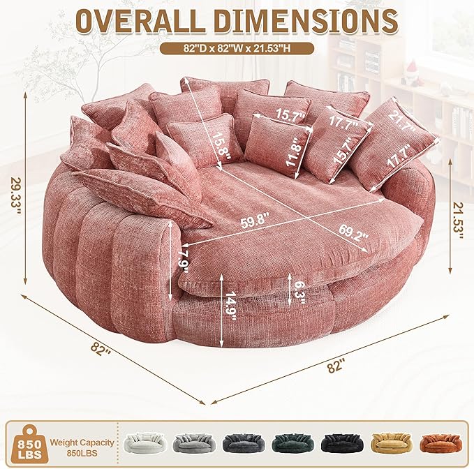 82'' Oversized Upholstered Sofa Bed, Round Chaise Lounge Chair Indoor, Modern Chenille Boneless Couch, No Assembly Required, Plush Sleeper Chair with 14 Pillows for Living Room, Pink