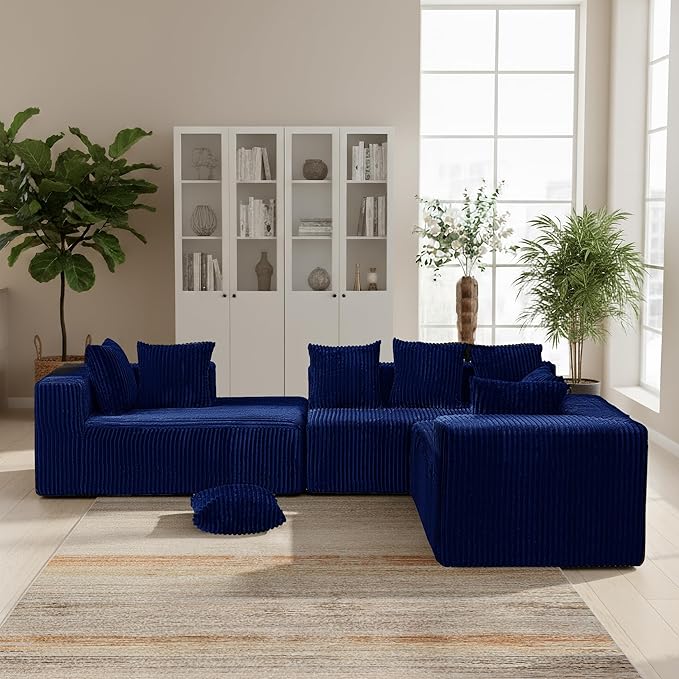 130" Boneless Couch, Cloud Couch Sectional, Corduroy Sofa for Living Room, U Shaped Modular Sofa with Chaise, No Assembly, 4 Seats Oversized (Blue)