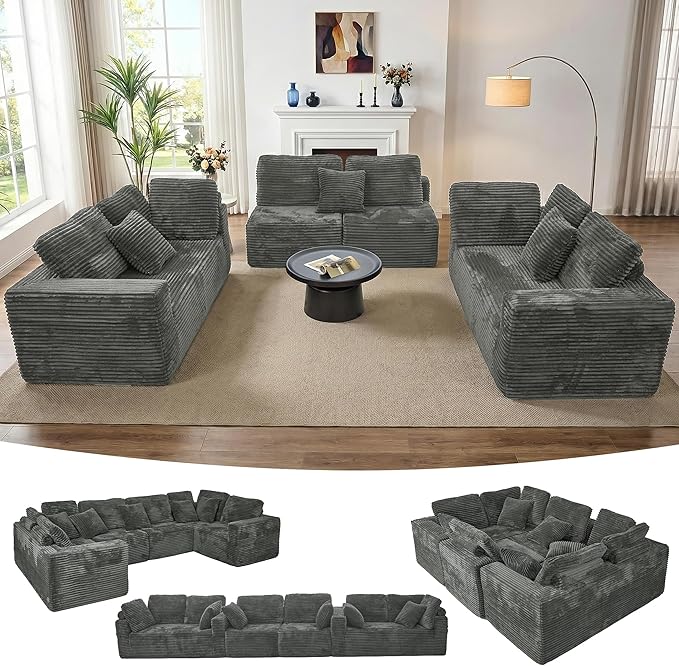 135.5" Cloud Sectional Couch,Boneless Corduroy Sofa for Living Room,Oversized U Shaped Sofa with Chaise,Deep Seat,No Assembly Required,Modular Sectional Sofa（Grey）
