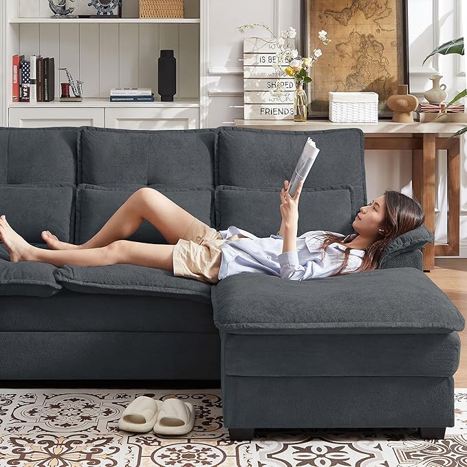 Jarenie 110“ Convertible Sectional Sofa, U Shape Cloud Couch, Comfy Couches with Double Chaise and Sleepable Armrests, 4 Seats Sectional Couches for Living Room, Dark Grey