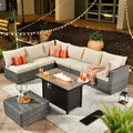 ovios Outdoor 8 Piece Patio Furniture Set with Fire Pit Table,Conversation Sectional Wicker Couch with Coffee Table,Modern Outside Sofa for Balcony Backyard, Beige