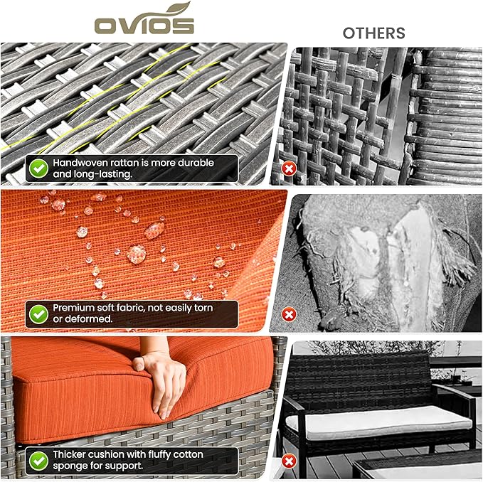 ovios 6 Pieces Patio Furniture Set, Outdoor Wicker Sofa Couch with Rocking Swivel Chairs Comfy Cushions, Modern Deep Seat Rattan Conversation Sets for Deck Porch, Orange Red