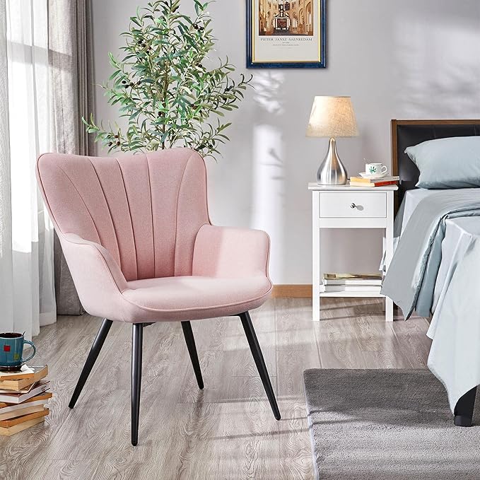 Yaheetech Accent Chair, Modern and Elegant Armchair, Linen Fabric Vanity Chair, Comfy Living Room Chair with Metal Legs and High Back for Living Room Bedroom Office Waiting Room, Set of 2, Pink