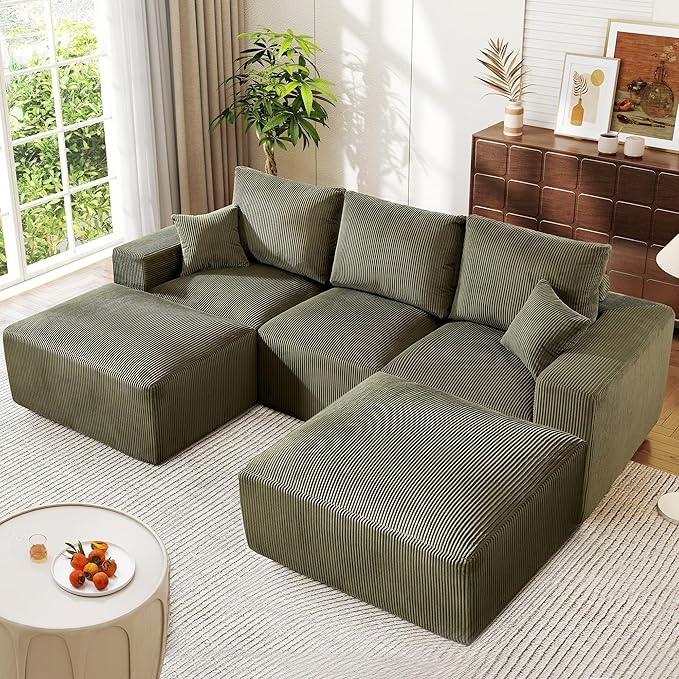 108” U-Shaped Sectional Sofa Couch with High-Seat, Corduroy Modular Cloud Sofa with Chaise ‌and Ottoman, Modern Couches for Living Room, No Assembly Require, Green