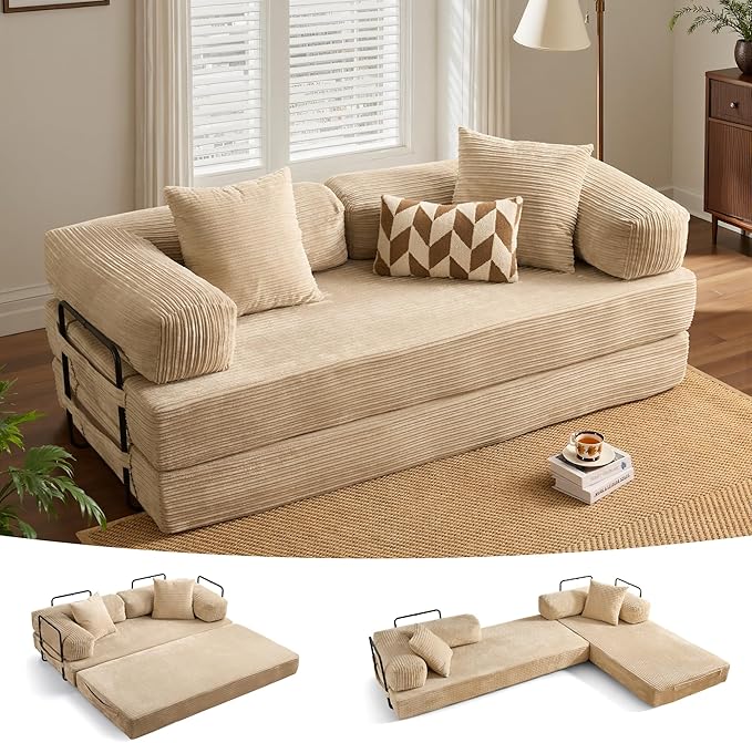 ovios 81" Folding Sofa Bed, Foldable Sleeper Boneless Couch with Pull Out Beds, Modular Convertible Floor Futon Loveseat Lounger for Living Room (Corduroy, Beige)