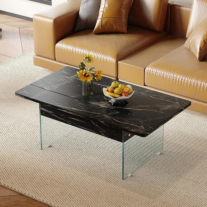 HanStrong 43.3" Lift-Top Coffee Table with Storage,Marble & Tempered Glass Space-Saving for Living Room,Office,Black