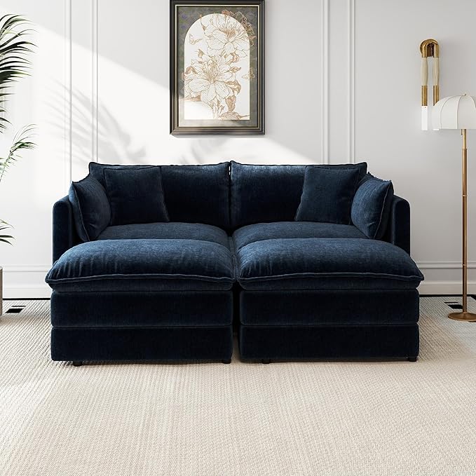 Aoowow Modular Sectional Sofa Modern Convertible Loveseat Couch,77.16 Inch Deep 2-Seater Sofas Comfy Chenille Cloud Sofas and Couches Set with 2 Movable Ottoman for Living Room Apartment（Blue）
