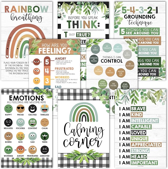 Hadley Designs 8 Calming Corner Posters For Classroom Must Haves For Teachers - 11x17 Calm Down Corner Supplies, Feelings Chart For Kids Ages 4-8, Toddler Emotions Chart, Farmhouse Classroom Decor