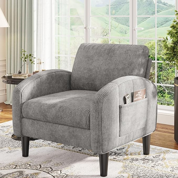 Accent Chair,Comfy,Mid-Century,2 Side Pockets,Armchair,Upholstered Bedroom Chair for Apartment,Waiting Room,Grey