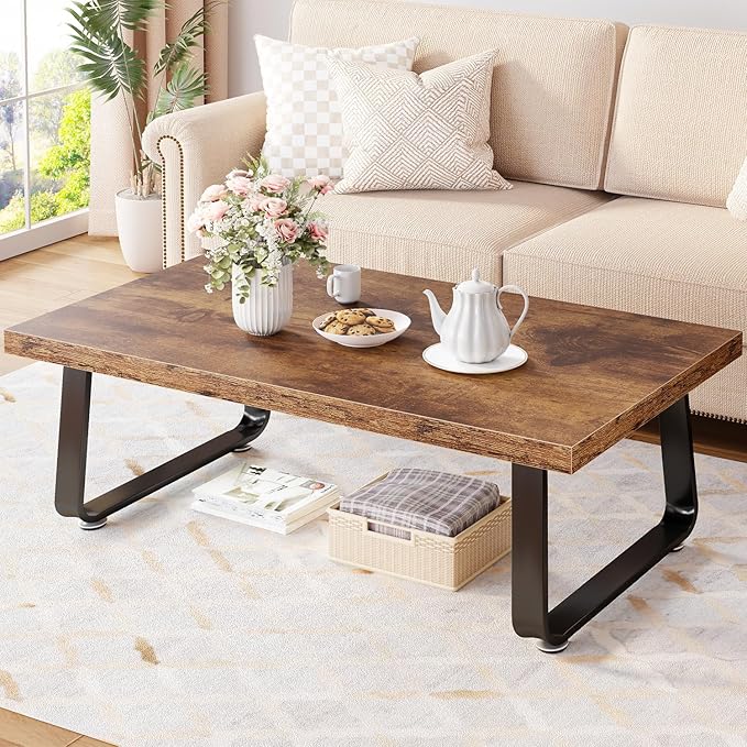 HSH Rustic Coffee Table, Industrial Wood and Metal Center Table, Farmhouse Minimalist Oak Coffee Table for Living Room, Modern Rectangular Wooden Tea&Coffee Table for Bedroom Home, Rustic Brown, 39 In