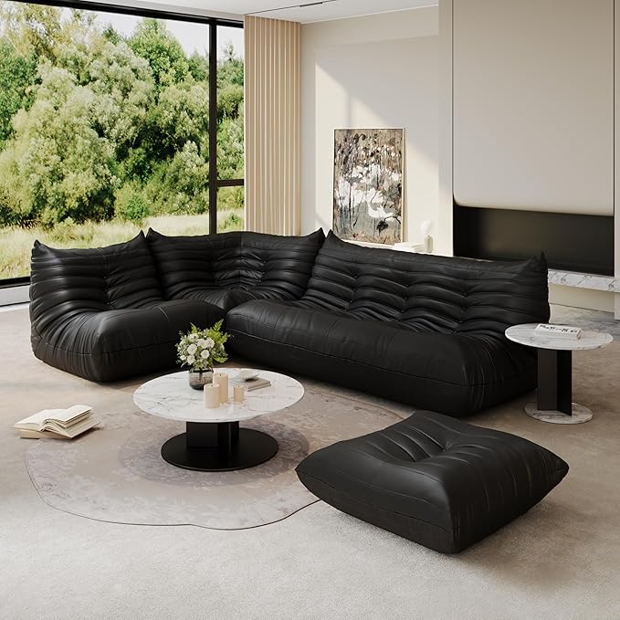 Bean Bag Chair Fireside Chair Lazy Floor Sofa, Faux Leather Giant Corner Bean Bag Sofa, High-Resilience Memory Foam Armless Foam Lounger Tatami Recliner Couch for Living Room Bedroom Dorm Office