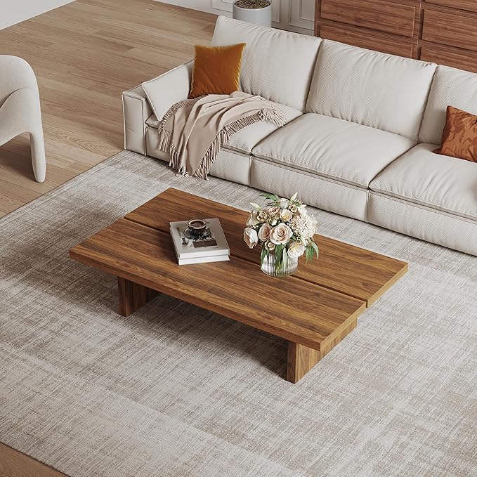 Modern Rectangle Coffee Table, Wood Living Room Table, Walnut Brown Japanese Tea Table for Home Office Apartment, 47.24"