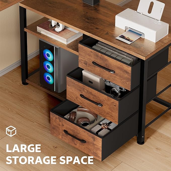 47 Inch L Shaped Standing Desk with 3 Drawers Electric Standing Desk with Storage Computer Desk Adjustable Height with Power Outlets 4 Memory Presets for Home Office, Rustic Brown