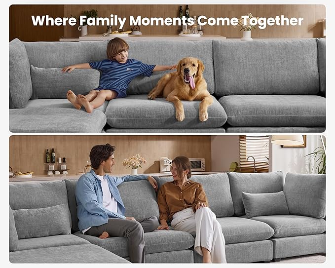 Oversized Modular Sofa, Extra Deep Cloud Chenille Sectional Couch with Ottoman Chaise, Fluffy Chenille 3 Seater Sofa for Living Room, Villa (Basic 3 Seater, Chenille Grey)