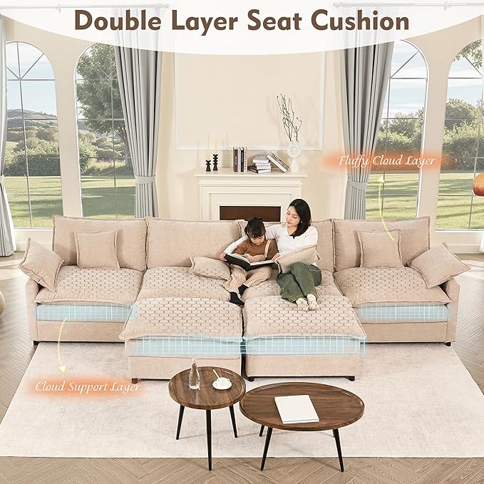 GOSUHI 142.5" U Shaped Couch, Modular Sectional Sofa, 3-Seater Comfy Cloud Couch with Movable Ottoman, Deep Seat Couches for Living Room, Chenille, Flat White