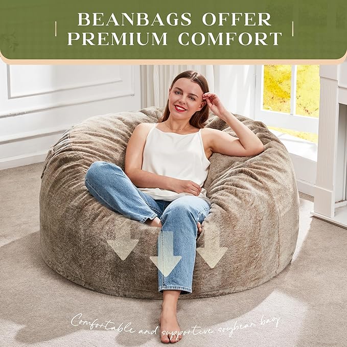 Hobestluk Bean Bag Chairs Giant Beanbag Chair with Filler, Memory Foam Bean Bags with Fluffy & Machine Washable Cover, Bean Bag Chairs for Aduts for Living Room, Bedroom (BROWN, 3FT - 36” x 36” x 22”)