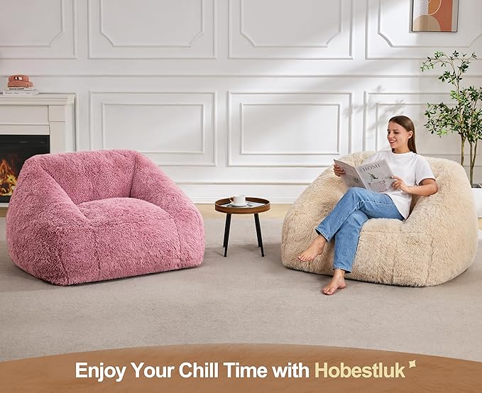 Hobestluk Bean Bag Chairs for Adults Giant Bean Bag Chair with Memory Foam Filling, Adult Beanbag for Bedroom, Living Room (White Plush)