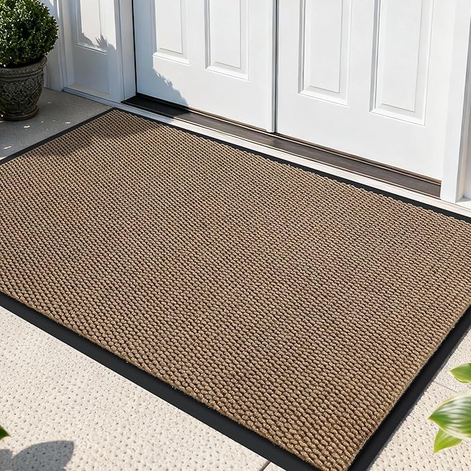 Yimobra Doormat Outdoor Indoor Entrance 47 x 32, All-Season All-Weather Front Door Mat, 100% Waterproof Welcome Matt for Floor Garage Outside Entry, Stain and Fade Resistant,Khaki
