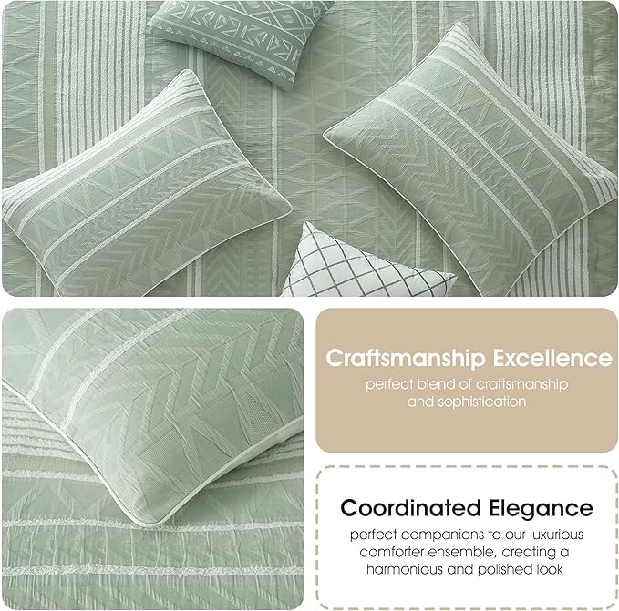 Grand Avenue Cotton King Size Comforter Set, 6 Piece, Sage Geometric Jacquard Bedding Set, Bedskirt, Pillows & Shams, Home Decor