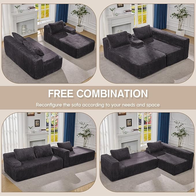 Modular Sectional Sofa Couches L-Shape Couch 3 Seat Modular Sofa Memory Foam Sectional Couches for Living Room, Cloud Couch with Oversized Chaise (Grey Stripe, 108" Right Facing Chaise)