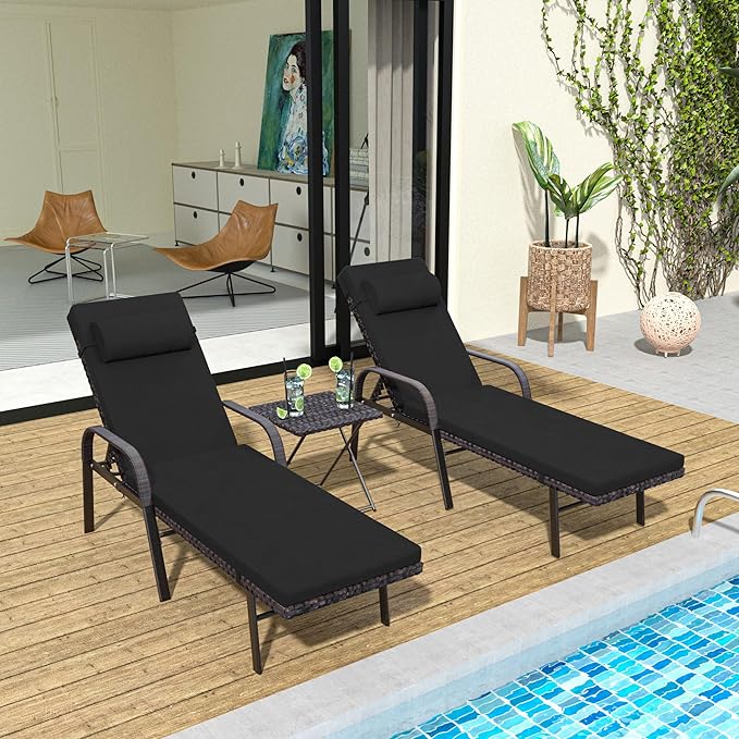 Trumbeak Patio Chaise Lounge Set 3 Pieces Pool Lounge Chairs,Cushioned Outdoor Folding Lounge Chair w/Arm and Rattan Adjustable Backrest for Poolside Porch,Folding Table Included,Black
