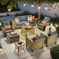 ovios 9 Pieces Patio Furniture Set, Outdoor Wicker Sofa Couch with Rocking Swivel Chairs Solar Lights Table, Modern Deep Seat Rattan Conversation Sets for Deck Porch, Denim Blue