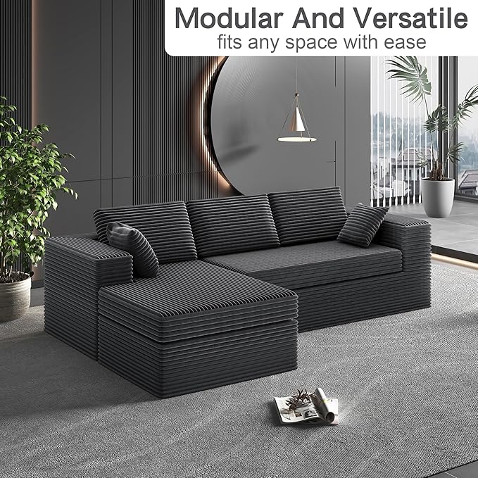 luckyvo 108-inch Boneless Couch for Living Room，Comfy Boneless Sofa with Deep Seats & Chaise Lounge, 3-Seat Modular Sofa Memory Foam Sectional Couches - No Assembly Required(Dark Grey)