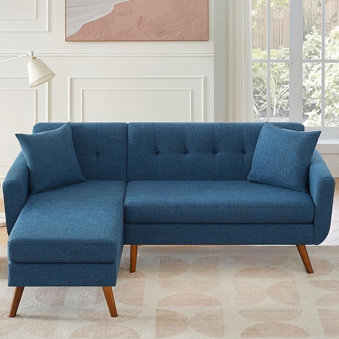 Tbfit L Shaped Couch Sofa, 80" W Mid-Century Modern Sectional Couches, 3 Seater Sofas with Wide Chaise Lounge, Button Tufted Upholstered Sectional Sofa for Living Room, Bedroom, Blue | linen fabric, button tufted, solid wood foot, pocket spring, wood s...