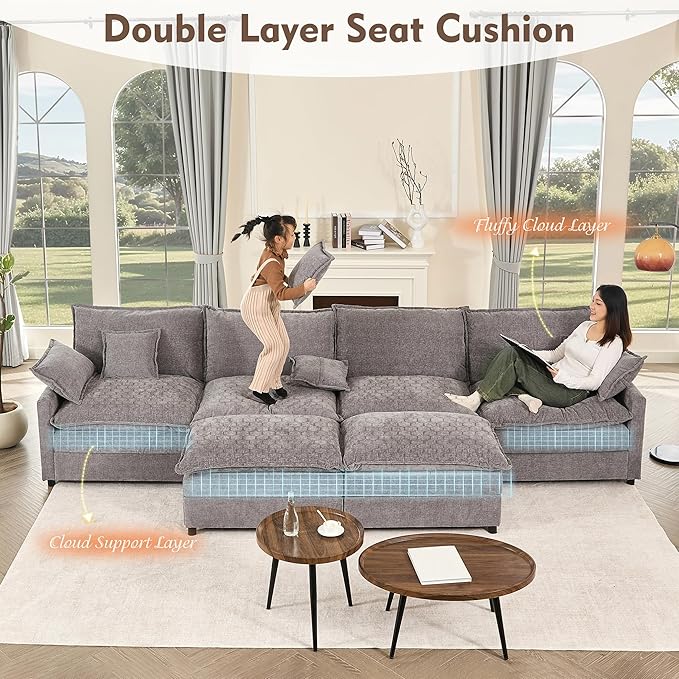 GOSUHI 142.5" U Shaped Couch, Modular Sectional Sofa, 3-Seater Comfy Cloud Couch with Movable Ottoman, Deep Seat Couches for Living Room, Chenille, Slate