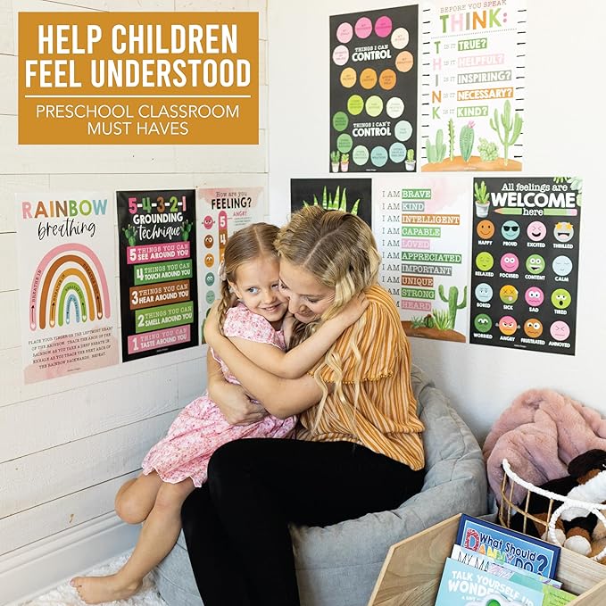 Hadley Designs 8 Calming Corner Posters For Classroom Must Haves For Teachers - 11x17 Calm Down Corner Supplies, Feelings Chart For Kids Ages 4-8, Toddler Emotions Chart, Cactus Classroom Decor