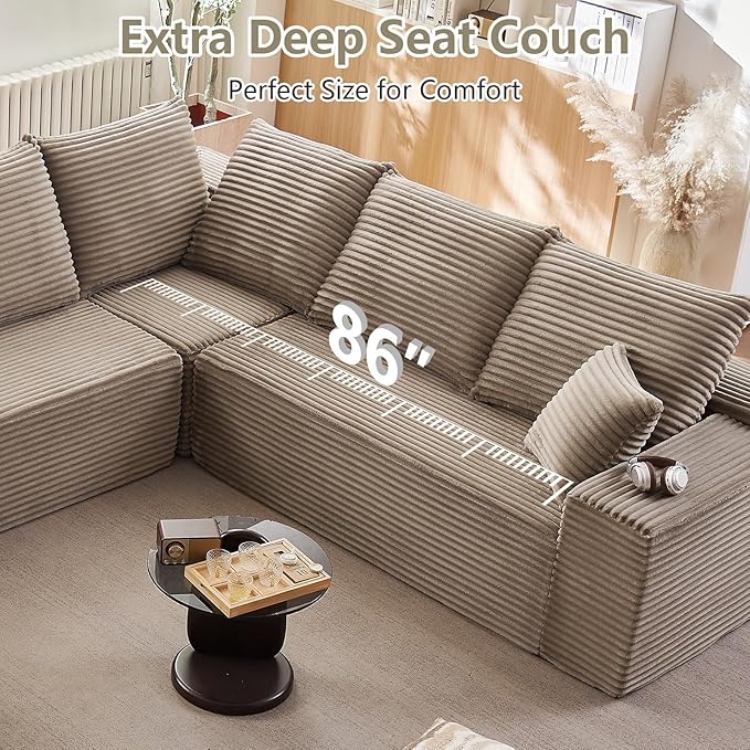 Sectional Cloud Couch with L-Shape Chaise, Upholstered Corduroy Couches Stupendous U Shaped Sofas, Modern Modular Comfy Sofa with Deep Seat for Living Room Bedroom, No Assembly Required, Camel