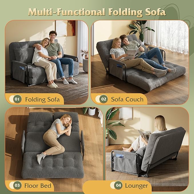 WLIVE Futon Sofa Bed with Adjustable Backrest, Bean Bag Chairs for Adults, Floor Couch with Armrest, Pillow, Low Profile Floor Seating for Living Room, Reading, Bedroom, Loveseat, Grey