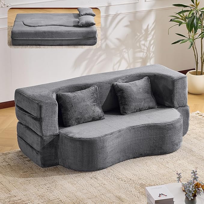 Orynveela Convertible Folding Sofa Bed, 71” Single Size Floor Sleeper Couch, Chenille Full Foam Futon Loveseat for Living Room Bedroom, No Assembly Required (Grey)