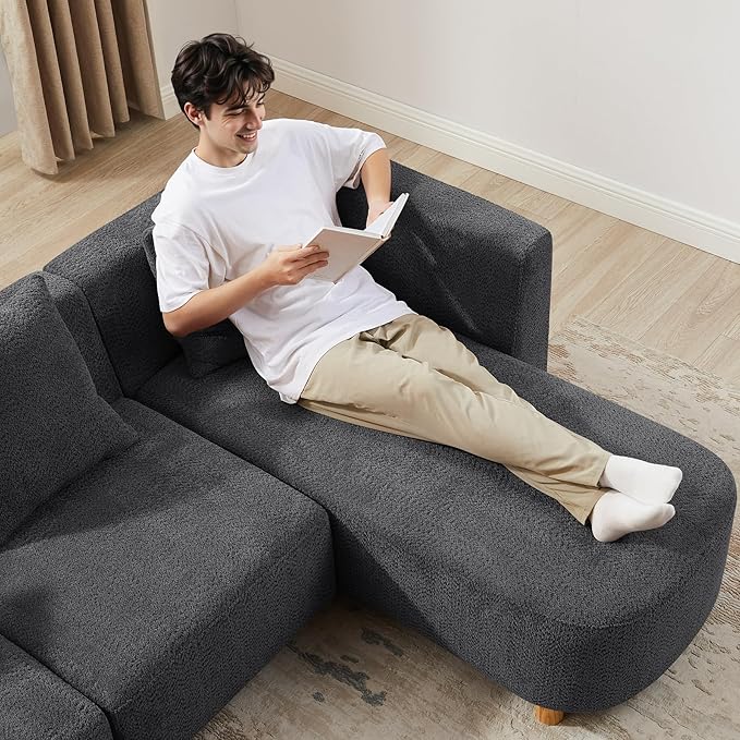 VANOMi 113" Sectional Sofa with 4 Pillows, U-Shaped 4-Seater Comfy Boucle Cloud Couch, Modern Double Chaises Lounge Sofas for Living Room, Office, Apartment (Dark Gray-U)