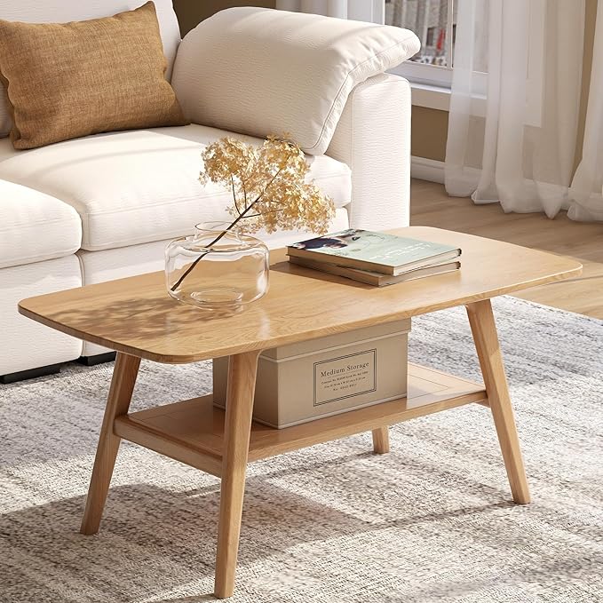 Wayshome 100% Solid Oak Wood Coffee Table for Living Room, 2-Tier Coffee Tables with Shelf Storage, Mid Century Modern Table with Rounded Corners (Natural Colour, 47.24" W x22.05 D x 17.32" H)