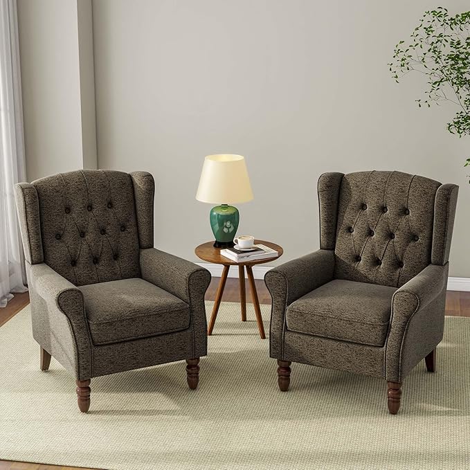 DREAMSIDEA Accent Chair, Upholstered Armchair with Button Tufted High Back & Solid Wood Legs, Comfy Wingback Reading Single Sofa Chair for Small Spaces, Living Room, Bedroom (Taupe, Set of 2)