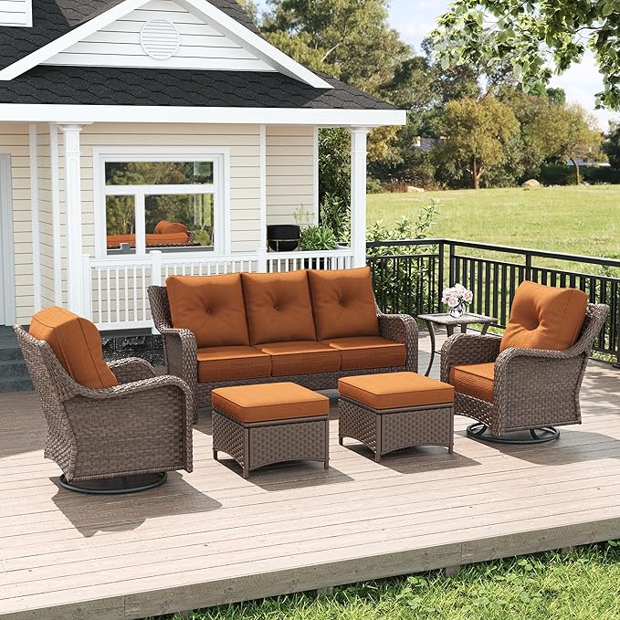 LayinSun 6 Piece Wicker Outdoor Furniture Set with 6-inch Comfy Cushions, High Back Patio Furniture Set with Swivel Rocking Chairs and Side Table