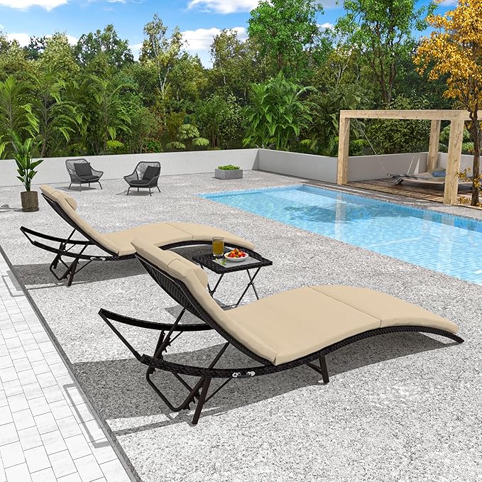 Trumbeak Patio Chaise Lounge Set 3 Pieces Pool Lounge Chairs,Cushioned Outdoor Folding Lounge Chair w/Rattan Adjustable Backrest for Poolside Porch,Folding Table Included,Sand