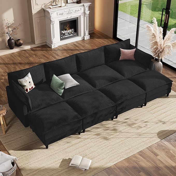 Apicizon 143" Cloud Sofa Sectional, Modern Corduroy Cloud Sofa Set with Side Storage Pocket, Comfy Convertible Sleeper Couch with Chaise for Living Room, Apartment, Office, Black