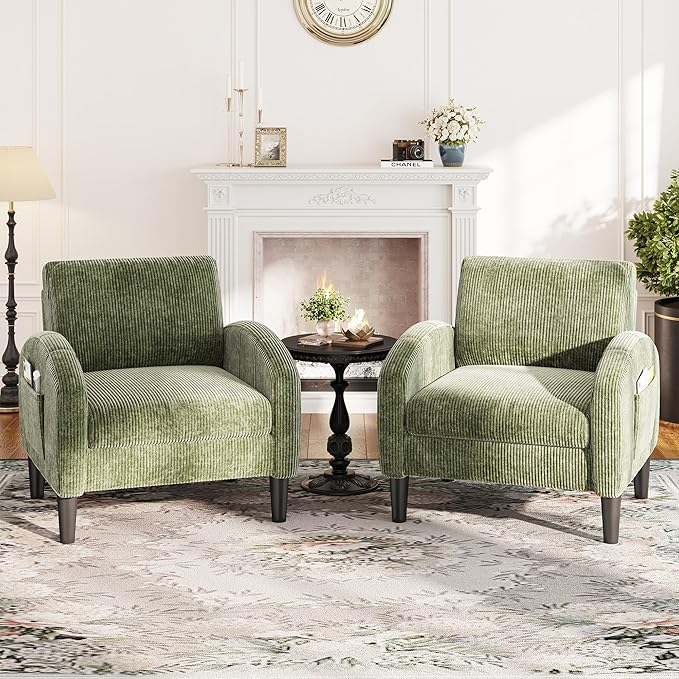 Accent Chair for Living Room,Mid Century Modern Reading Chair for Bedroom,Comfy Armchair with 2 Side Pockets,Upholstered Single Sofa Side Chair for Apartment,Waiting Room,Green