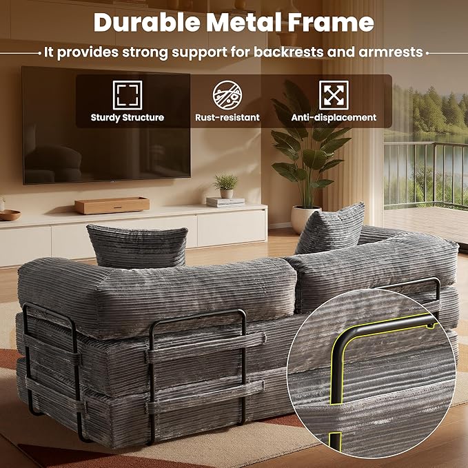ovios 81" Folding Sofa Bed, Foldable Sleeper Boneless Couch with Pull Out Beds, Modular Convertible Floor Futon Loveseat Lounger for Living Room (Corduroy, Grey)