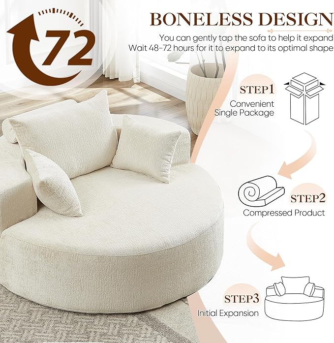 Oversized Round Chaise Longue Chair Indoor, Modern 55-inch Upholstered Chenille Deep Seat Circle Single Cloud Lounge Floor Sofa Chair for Living Room, Bedroom Apartment, Beige